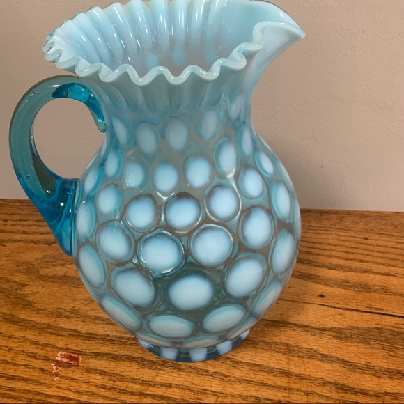 Vintage Opalescent Blue Coin Dot Ruffled Pitcher Collectible Glass - Picture 5 of 11